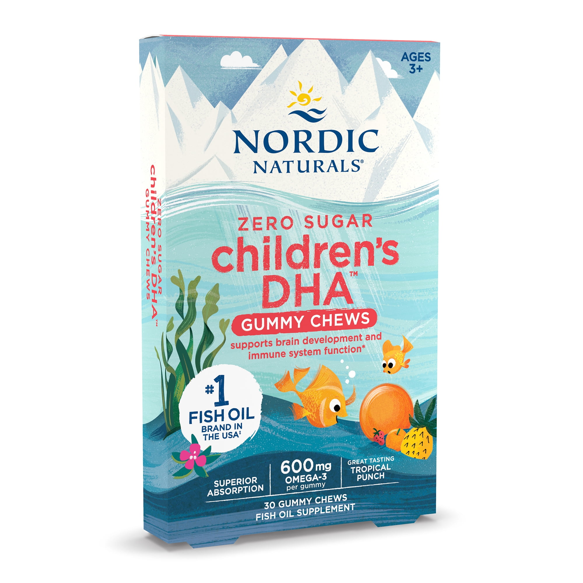 Nordic Naturals Zero Sugar DHA Gummy Chews for Kids, Tropical Punch, Fish Oil, 600 mg, 30 Count