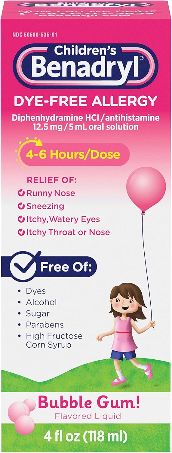 Benadryl Children's Dye-Free Allergy Liquid, Bubble Gum Flavor, 4 fl. oz
