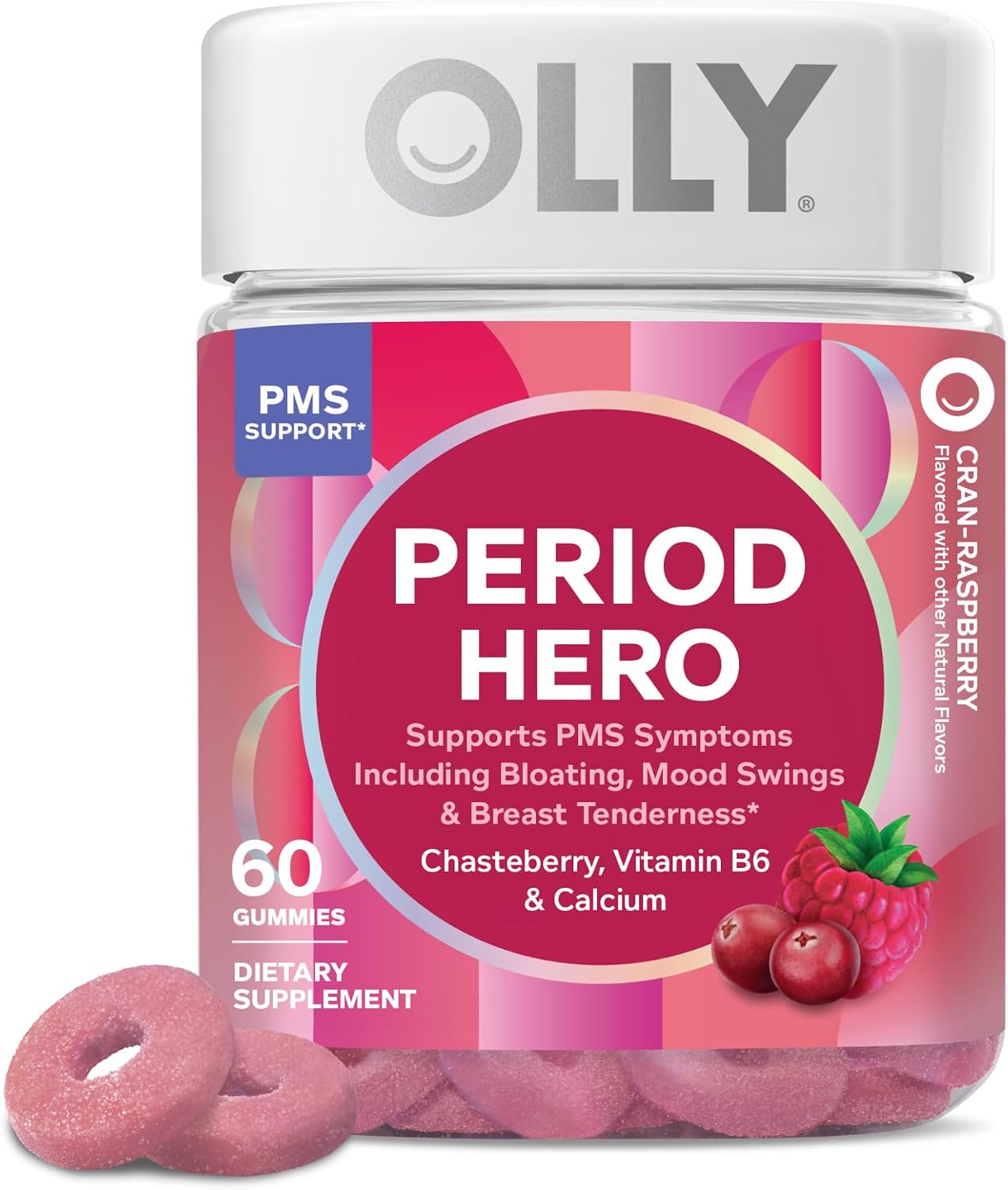 OLLY Period Hero Gummies, PMS Support Supplement, Cran-Raspberry Flavor, 60 Count