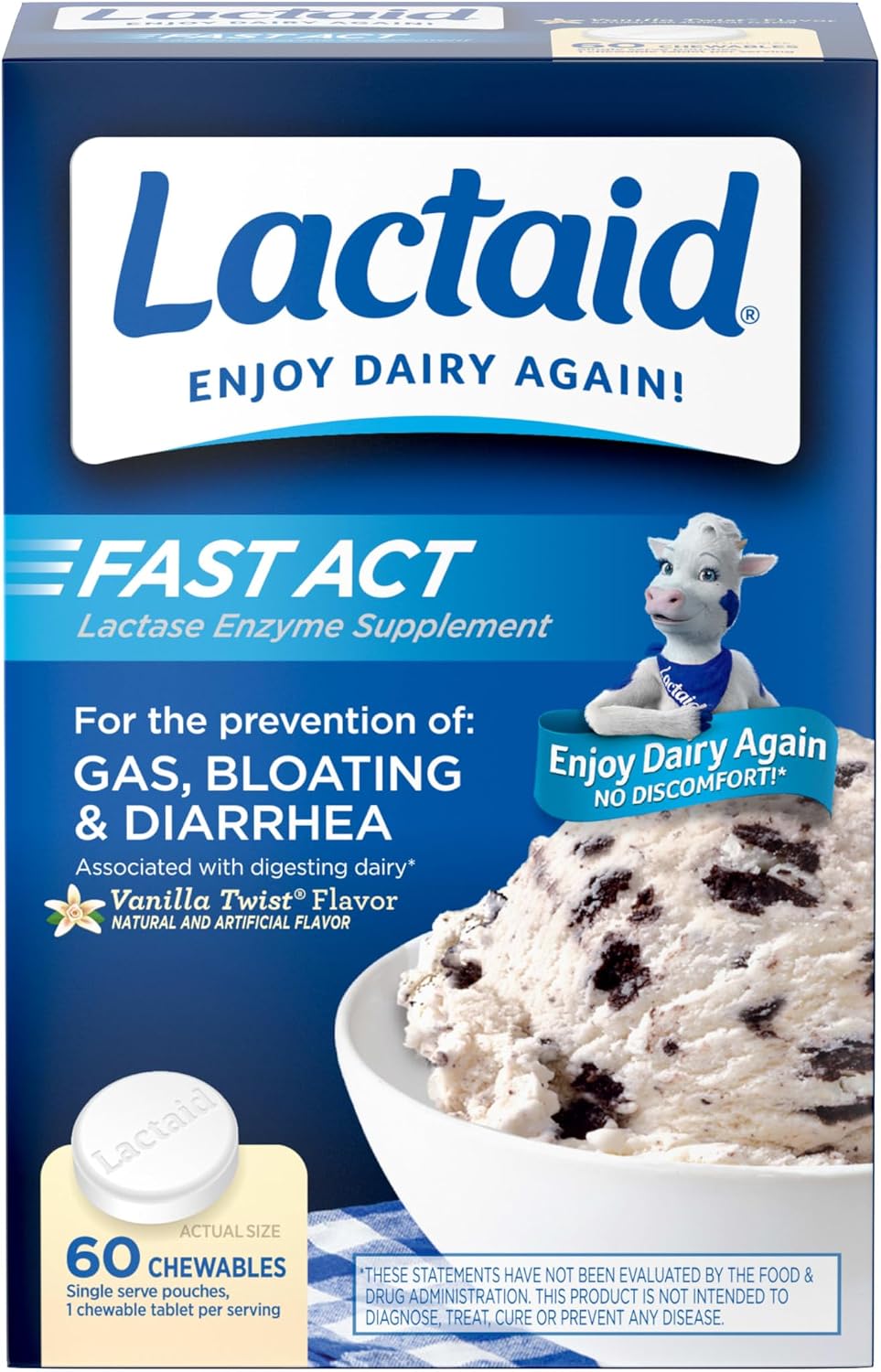 Lactaid Fast Act Lactose Intolerance Relief Chewables, Vanilla Twist Flavor, 60 x 1 ct