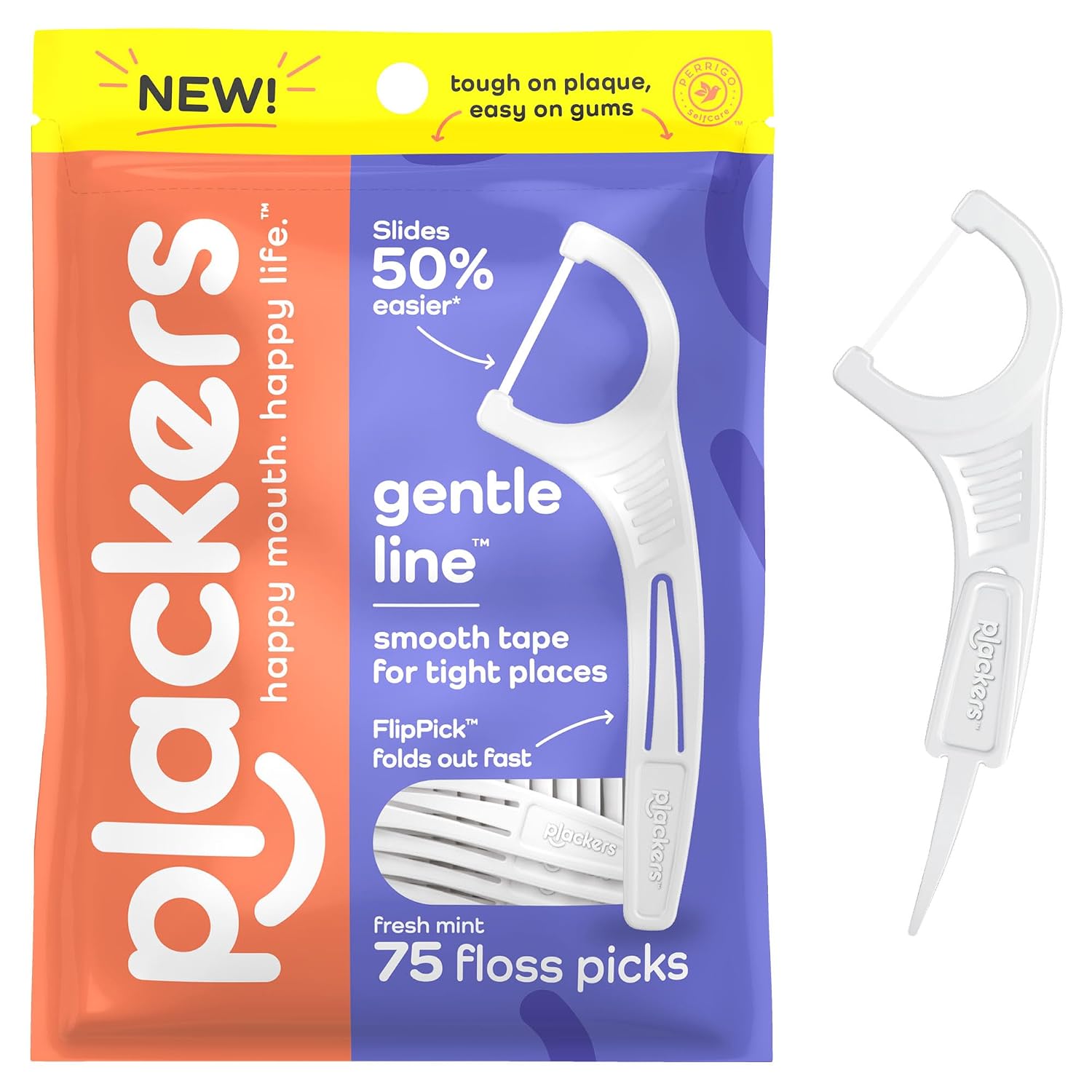Plackers Gentle Line Floss Picks, Fresh Mint Flavor, 75 Count