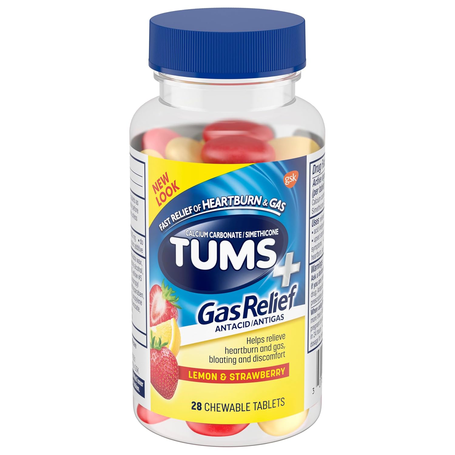 TUMS Chewy Bites Chewable Antacid Tablets with Gas Relief, Lemon & Strawberry - 28 Count