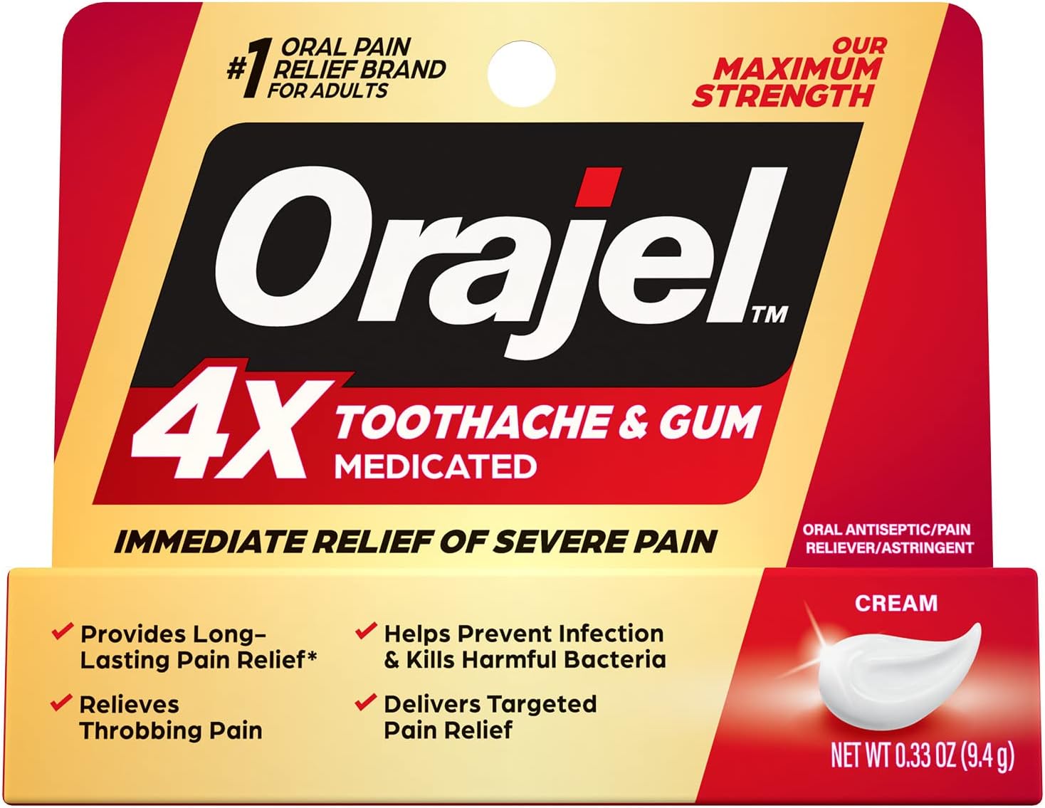 Orajel 4X for Toothache & Gum Pain: Severe Cream Tube 0.33 oz