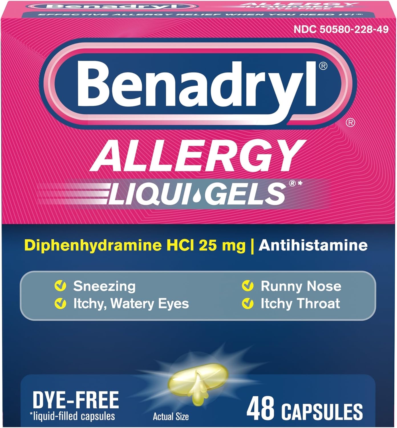 Benadryl Liqui-Gels Antihistamine Allergy Medicine & Cold Symptom Relief, 48 ct